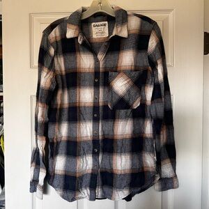 Garage Navy & White Plaid Button-Up Shirt with Brown Accent